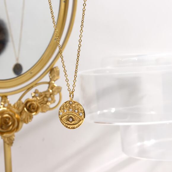 Evil Eye 18K Gold Plated Stainless Steel Coin Zircon Pendant Necklace Protection - Picture 7 of 10